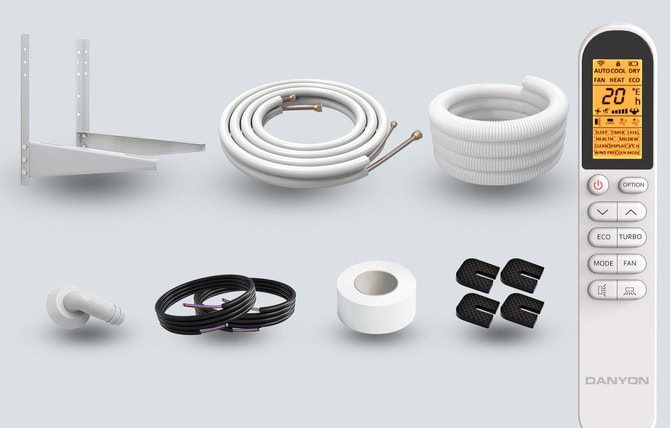 Lieferumfang mit Quick-Connect Leitungen, Elektrokabel, Fernbedienung und Wandalter