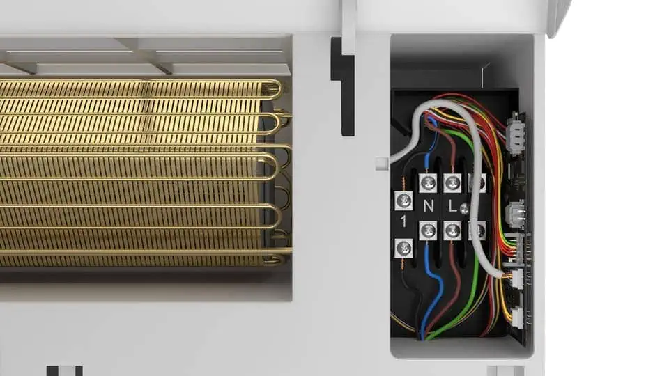 Alt: Elektrische Verkabelung und Anschlussdosen in Haushaltsgerät oder Schrank, technische Details.