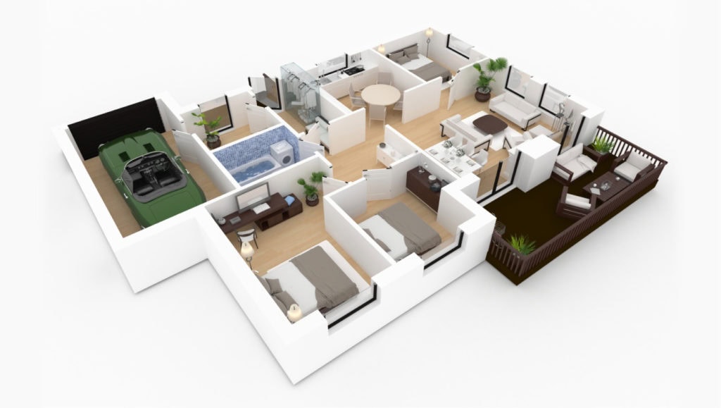 Hochwertiger 3D Grundriss eines Hauses mit Garten.