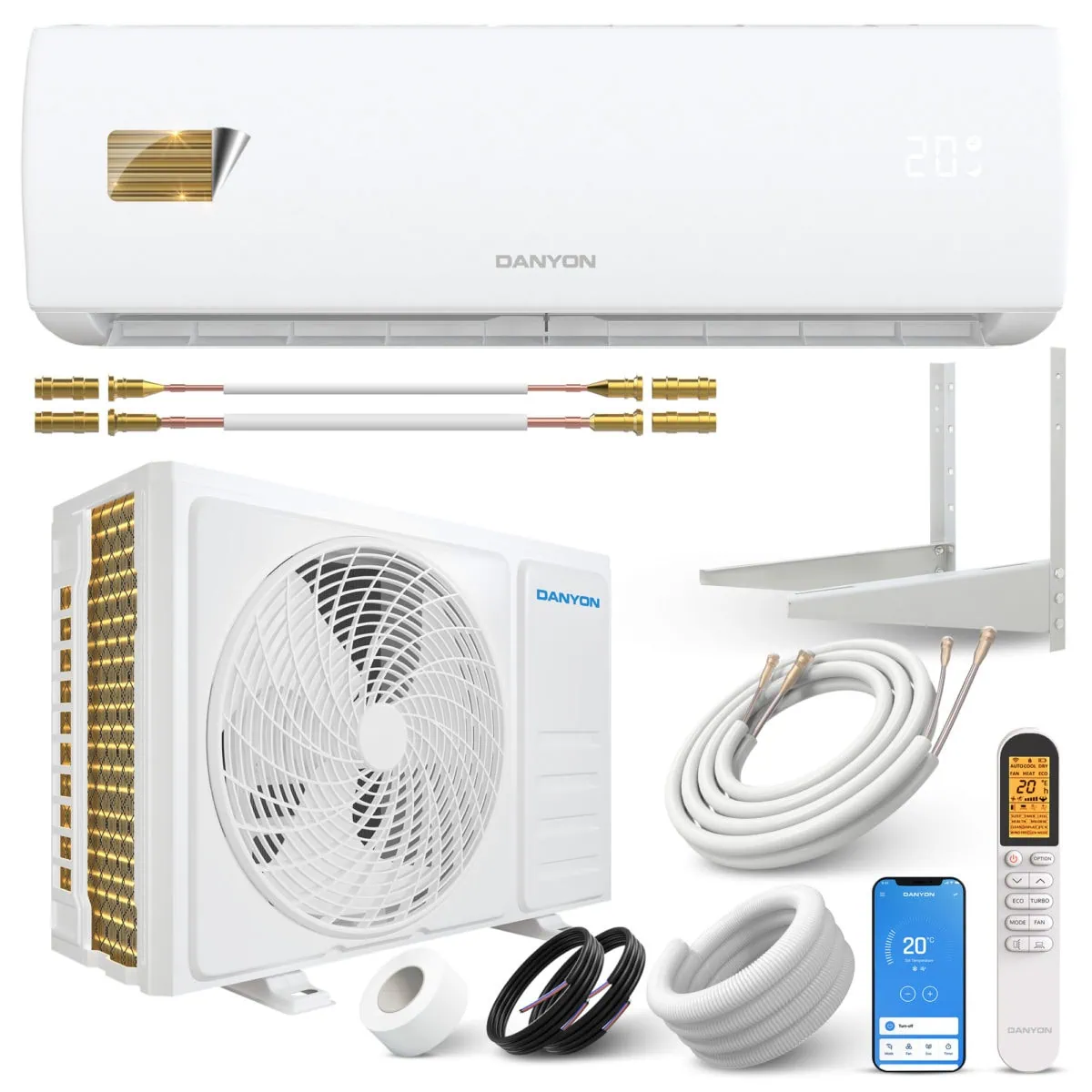 Hochwertiges Dayon Klimaanlagen-Set mit Indoor- und Outdoor-Einheit, Fernbedienung und Zubehör.